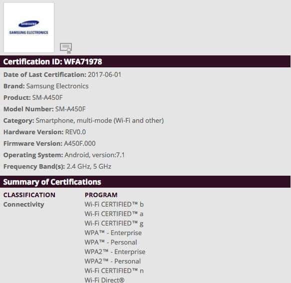 Samsung Galaxy A4 (SM-A450F) 2017 coming with Android 7.1 nougat receives Wi-Fi certification