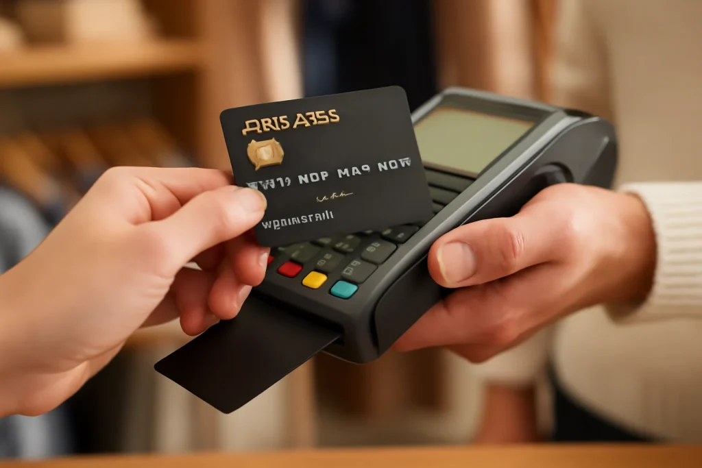Credit card being swiped at a store POS machine
