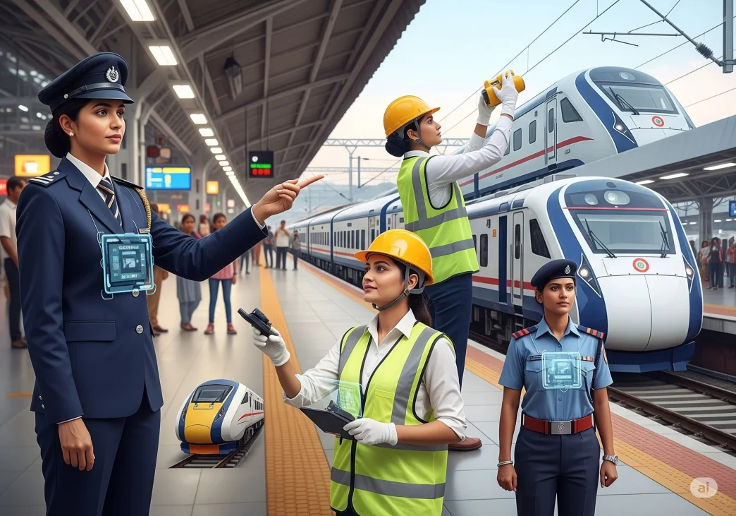 Indian female railway employee standing confidently at a train station, representing railway job opportunities for women in 2025.