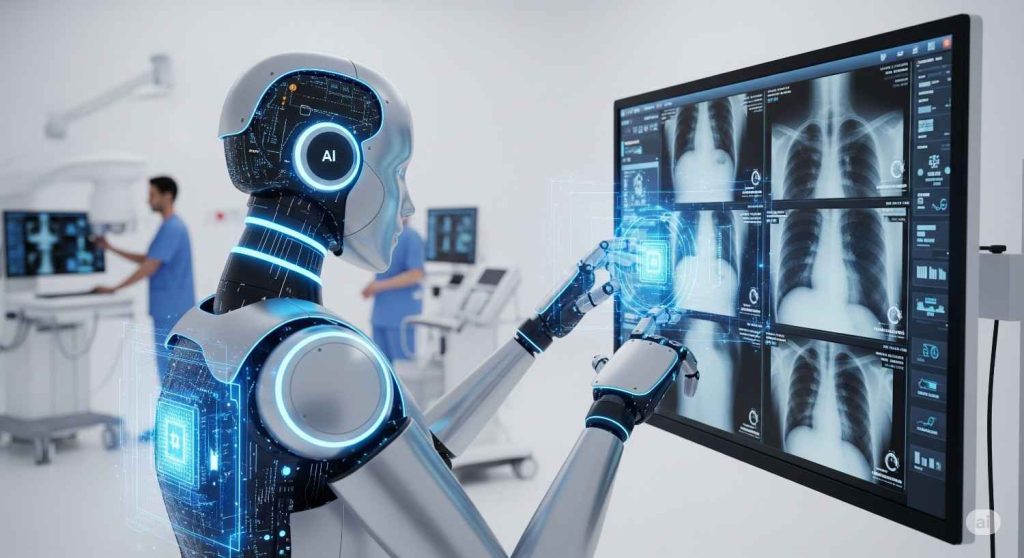 AI-powered robot reviewing X-ray images for disease detection