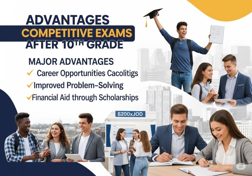 Illustration of students advancing toward diverse career opportunities after class 10 through competitive exams