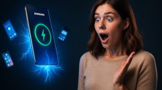 Samsung’s upcoming self-charging smartphone hovering over a wireless charging field with futuristic tech elements in the background