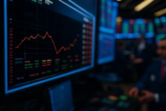 Dow Futures rise shown on screen with market data in background