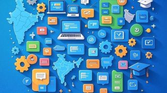 A smartphone displaying a collection of popular skill development apps in India for 2025 placed on a clean workspace.