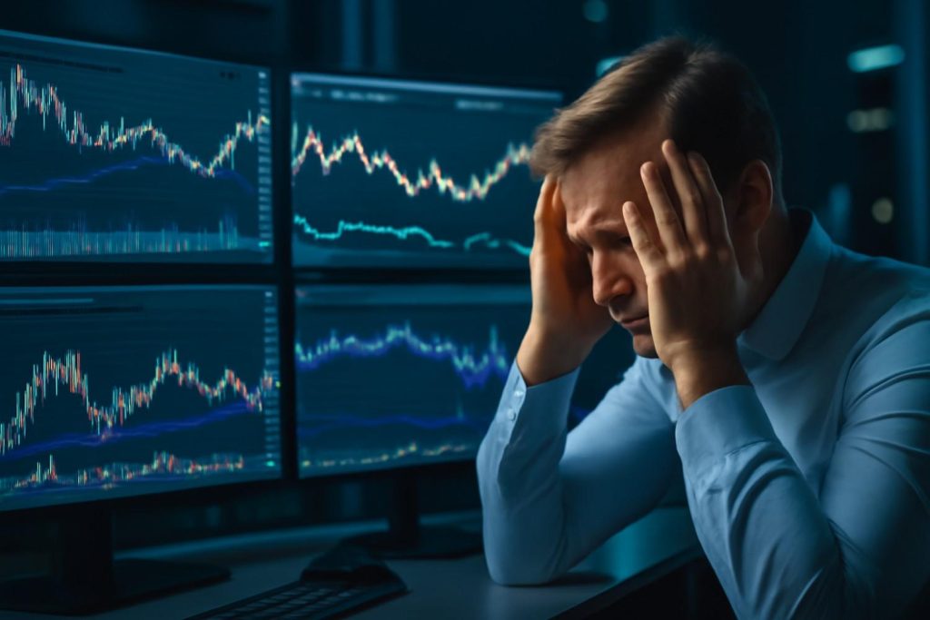 A frustrated trader looking at stock charts with confusing indicators, representing common mistakes and pitfalls when using swing trading screeners