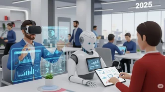 Illustration of artificial intelligence reshaping the future of work in 2025, with robots and humans working together in an office environment