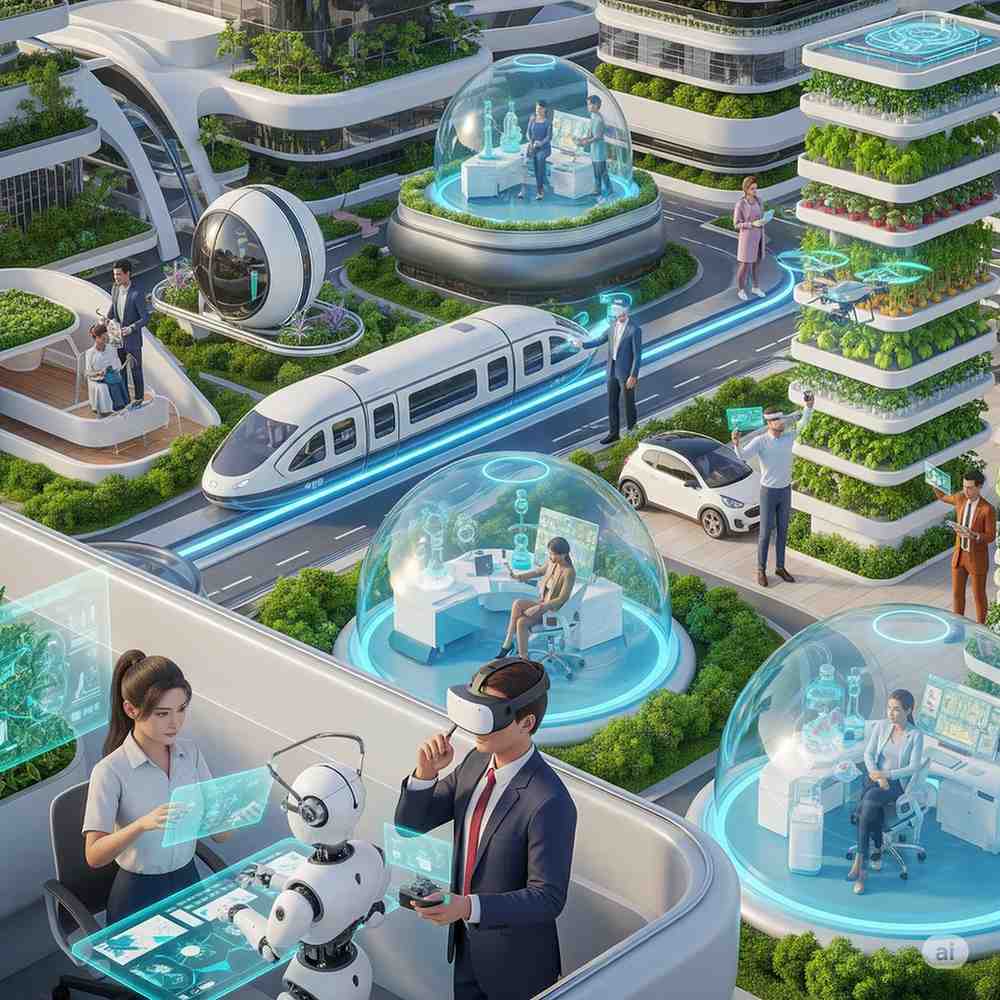 Visual representation of the future workforce in 2025 with humans and AI systems collaborating in an office setting