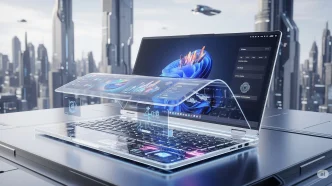 Futuristic 2050 laptop with holographic display, foldable touchscreen, and AI integration on a sleek, minimal desk