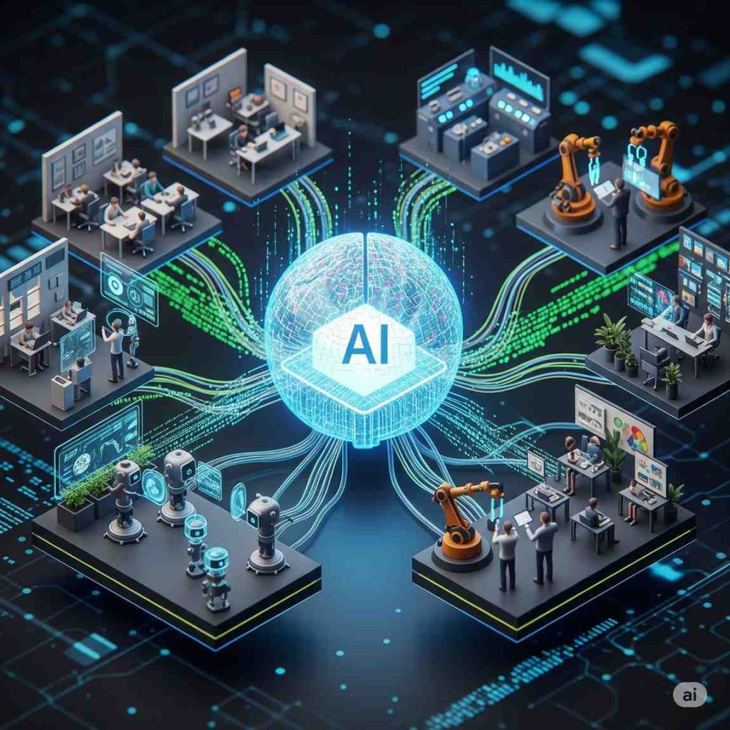 Concept art of AI technology automating tasks and collaborating with humans in a modern workplace