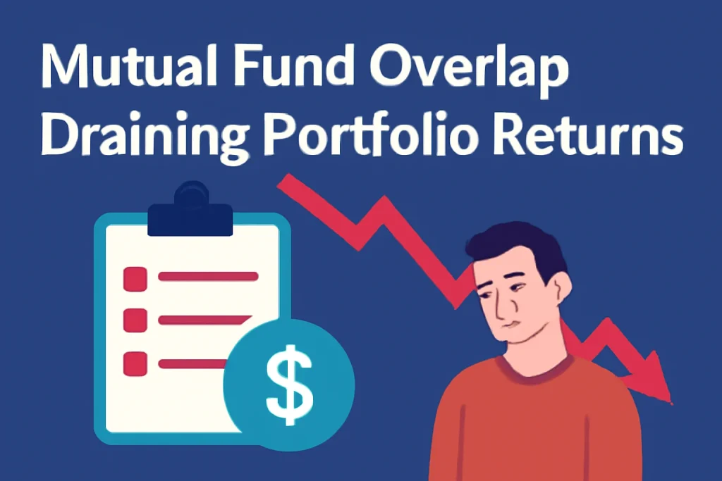 Mutual fund overlap causing portfolio loss, illustrated by falling red arrow and sad investor