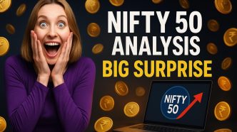 Excited woman in a purple top reacts next to a laptop showing the Nifty 50 logo with an upward red arrow, and bold text reading 'NIFTY 50 ANALYSIS BIG SURPRISE' on a dark gradient background