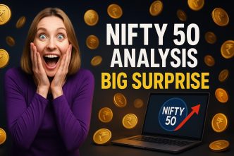 Excited woman in a purple top reacts next to a laptop showing the Nifty 50 logo with an upward red arrow, and bold text reading 'NIFTY 50 ANALYSIS BIG SURPRISE' on a dark gradient background