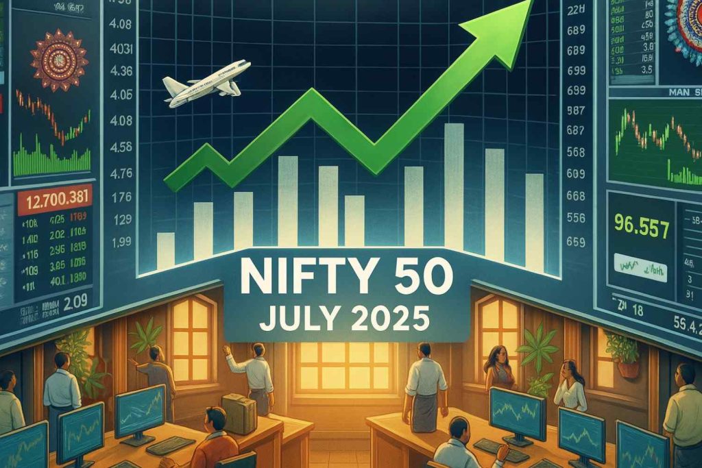 Stock market floor with Nifty 50 chart  Latest Market Nifty50 showing bullish trend and green arrow