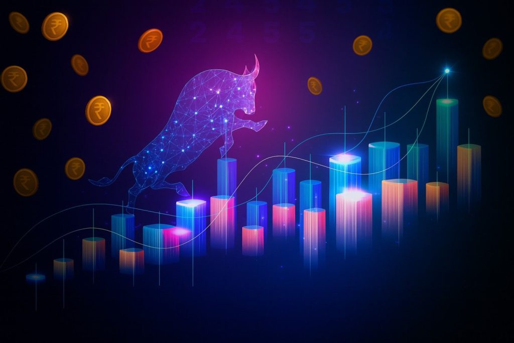 Clean graphical representation for Nifty 50 Analysis for August 2025, featuring financial elements like charts, coins, and digital effects with no visible text