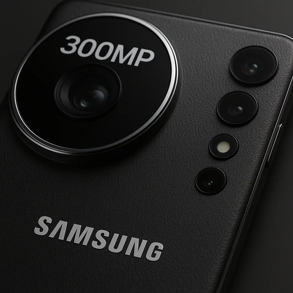 Close-up of Samsung smartphone featuring advanced 300MP camera sensor with multi-lens setup on a sleek matte finish