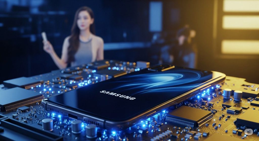 Big News from Samsung: A woman watches as a Samsung smartphone wirelessly charges over a futuristic motherboard background