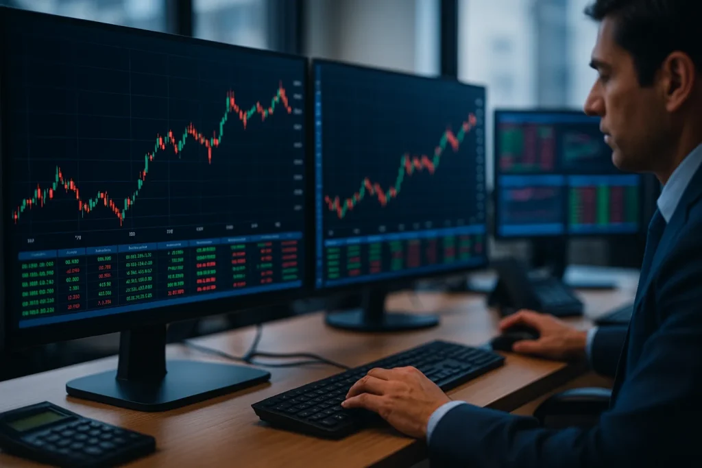 Sensex and Nifty index trend on a digital screen