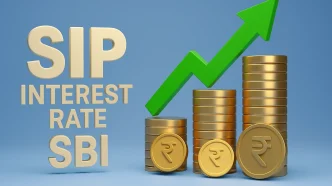 SIP Interest Rate SBI – 3D Coins and Upward Growth Arrow on Blue Background