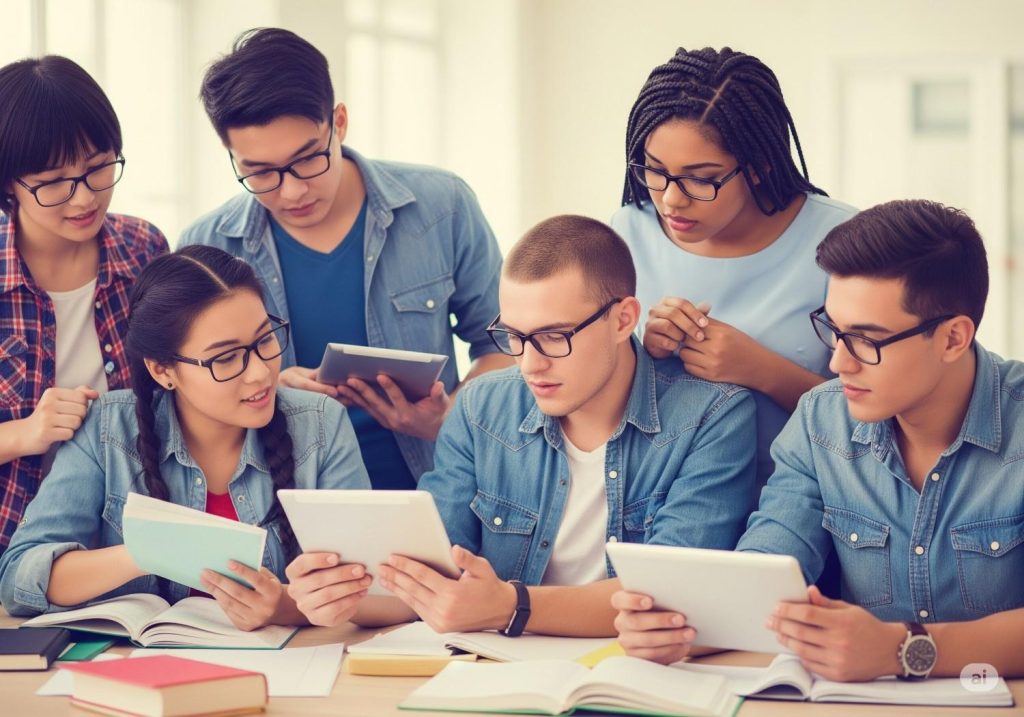 Student studying with textbooks, notes, and mock test papers as part of competitive exam preparation after 10th