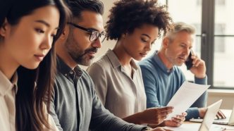 diverse professionals working on laptops doing online typing jobs together in modern workspace