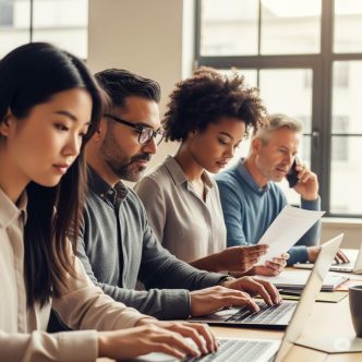 diverse professionals working on laptops doing online typing jobs together in modern workspace