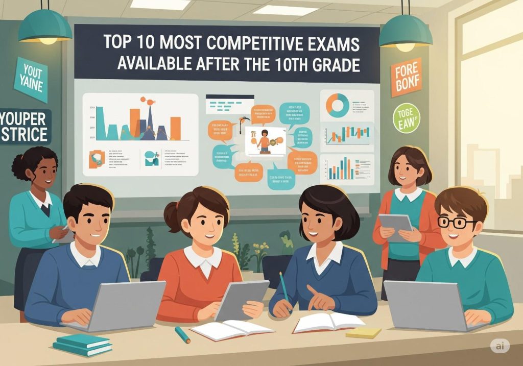 Illustration representing top 10 competitive exams students can take after class 10 for career opportunities,competitive exams after 10th