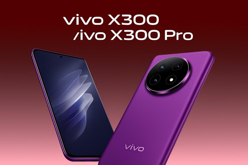 Front and back view of Vivo X300 and X300 Pro in purple finish with circular rear camera design on gradient red background
