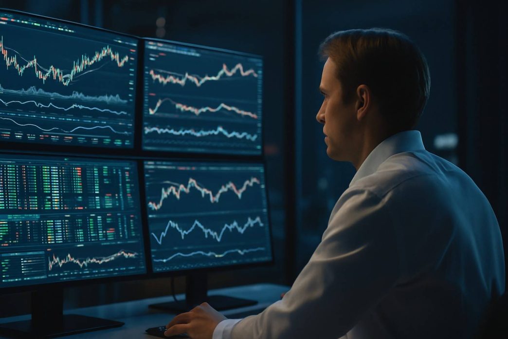 A trader focused on analyzing multiple stock charts using a swing trading screener to identify short-term trade opportunities based on market indicators