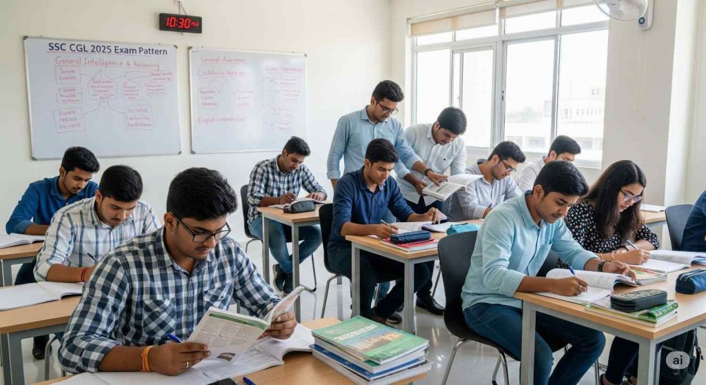 10 Indian students in a classroom, studying with books and notes, with a whiteboard in the background that outlines the SSC CGL 2025 Exam Pattern.