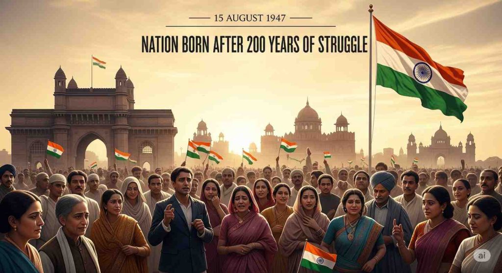 India celebrating independence on 15th August 1947, marking the end of 200 years of struggle against British colonial rule.