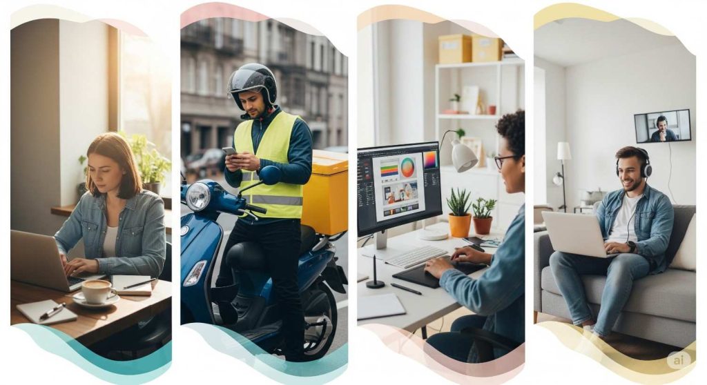 Four professionals representing diverse fields in the gig economy: a freelance writer with a laptop, a delivery driver with a scooter, a graphic designer at a workspace, and a remote worker with headphones, showcasing the flexibility and variety in the modern freelance workforce