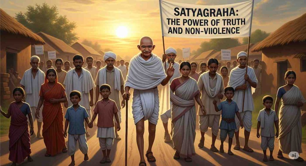 Mahatma Gandhi leading peaceful protests and promoting non-violence during the Indian freedom struggle for independence from British rule