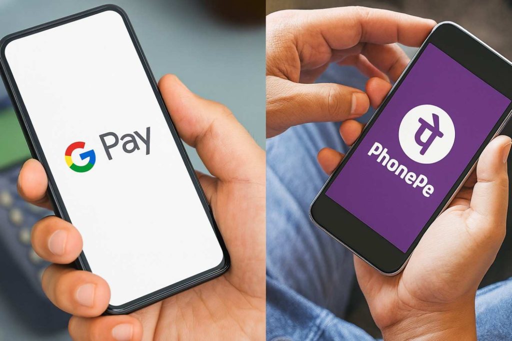 Hands holding PhonePe vs Google Pay apps.