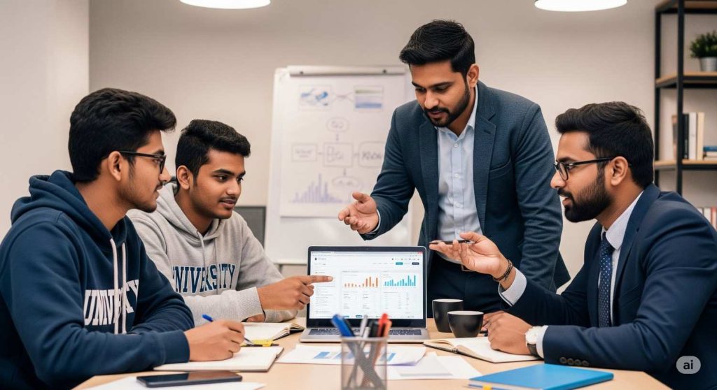 Indian students and professionals discussing affiliate marketing on a laptop, a profitable part-time job