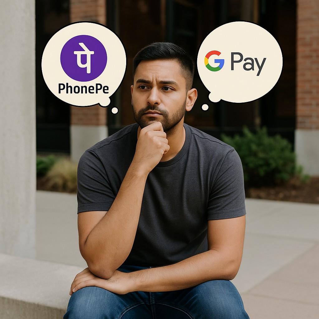 Man thinking about PhonePe vs Google Pay.