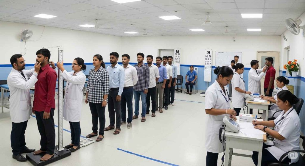 police constable candidates undergoing various medical tests like height and weight checks.