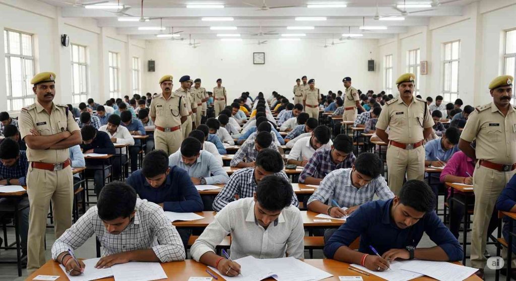 Candidates taking a written exam in a large, bright hall, supervised by police officers. Police Constable Recruitment