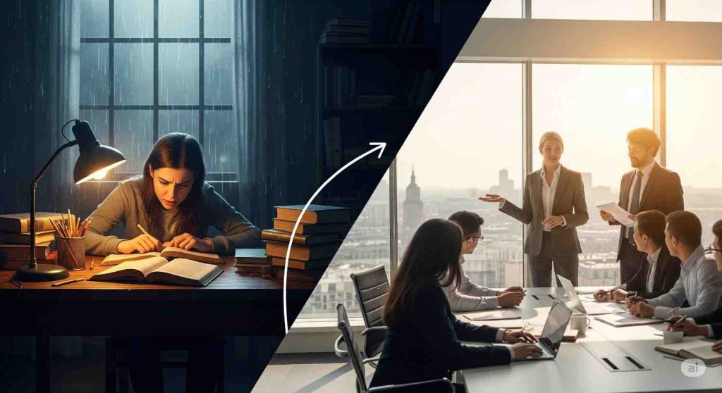 Step-by-step guide from learning to earning with visuals of skill development, freelancing, and online income.