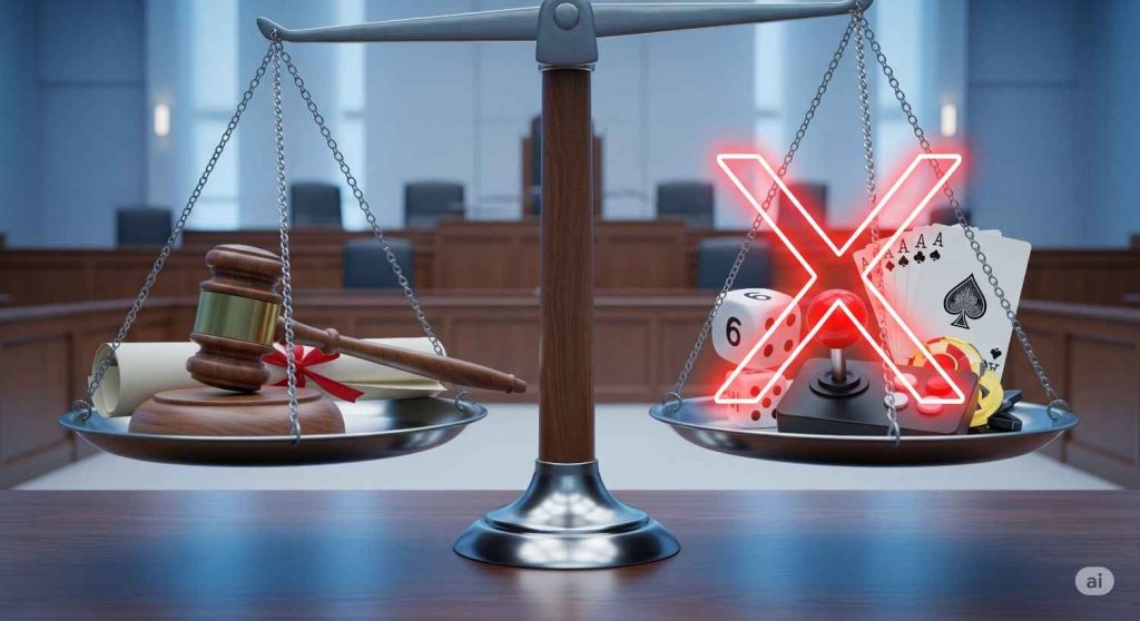 Illustration showing the legal background of India banning real money fantasy gaming apps