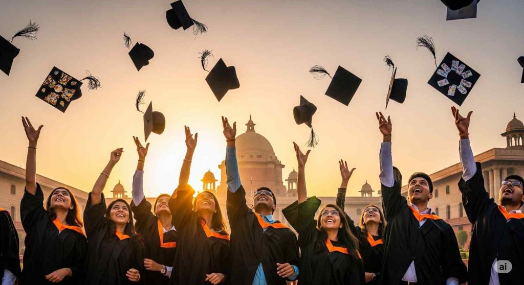 Graduates celebrating success by throwing their caps in front of an iconic government building at sunset — symbolizing achievement and determination to Crack the SSC Exams.