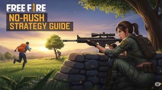 Free Fire No Rush Strategy gameplay showing a player using medkits and gloo walls to win without fighting in the final zone