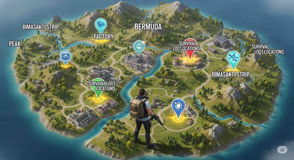 Free Fire Survival Loot locations on Bermuda map showing top spots like Hangar, Graveyard, and Sentosa for healing and safe gameplay