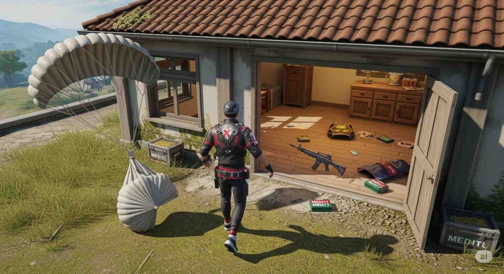 Free Fire player landing safely and looting a building