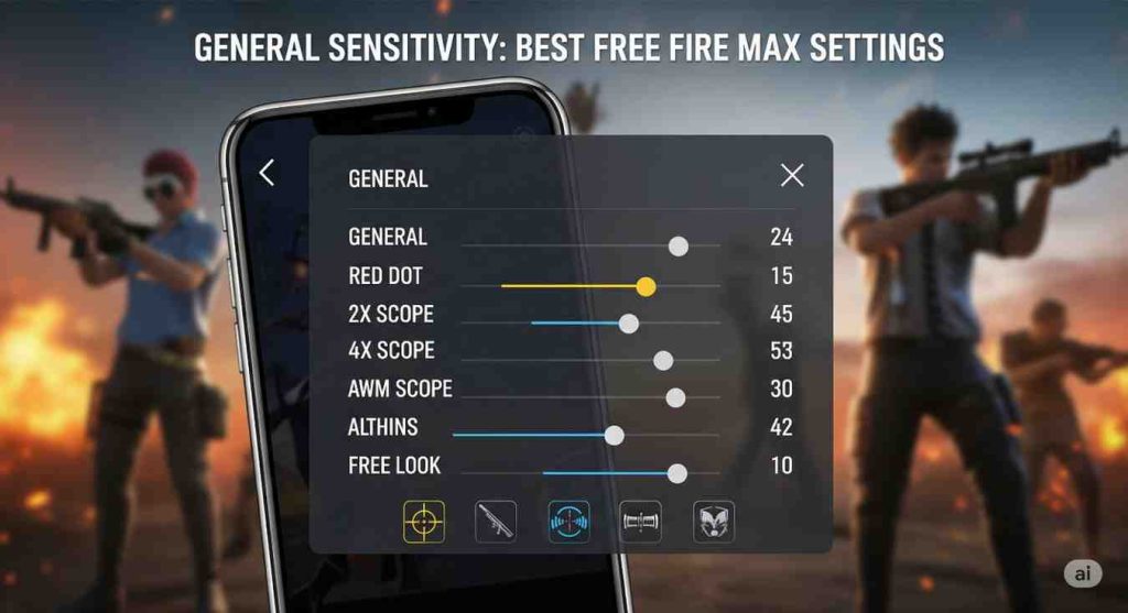 Recommended general sensitivity values as part of Free Fire MAX Best Settings for smooth aiming