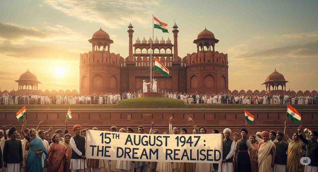 India celebrating 15th August 1947 as the end of British rule and the success of the Indian freedom struggle with the national flag hoisting