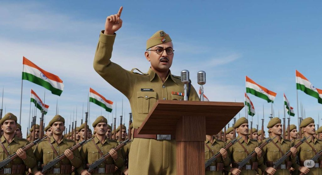 Subhas Chandra Bose addressing Indian National Army troops