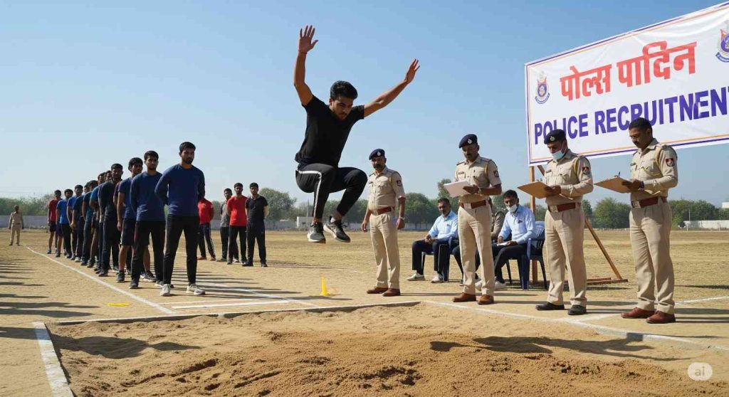 candidates participating in a physical fitness test during a police recruitment drive, with officers supervising.Police Constable Recruitment