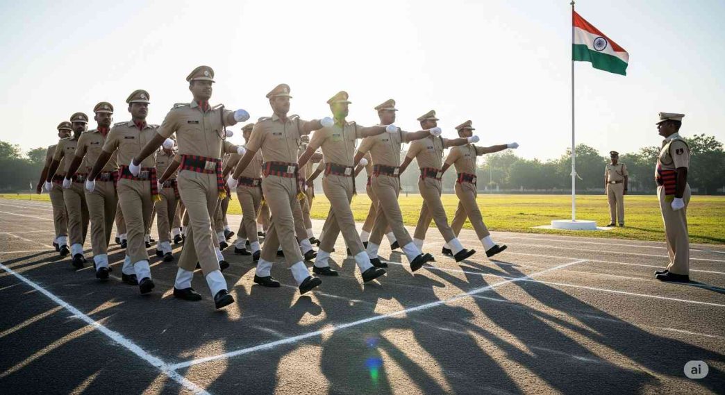 Police Constable Recruitment marching in a disciplined formation on a training ground with a senior officer and the Indian flag.