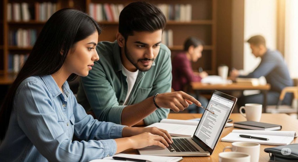 two Indian students, a girl and a boy, collaborating on content writing on a laptop, a popular part-time job