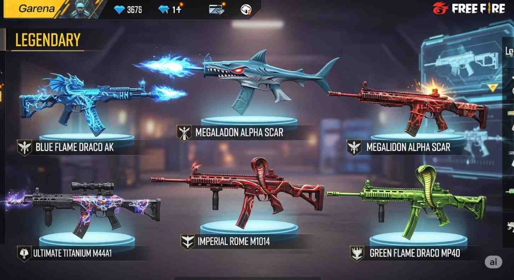 Overview of legendary gun skins in Free Fire showcasing features and special effects.